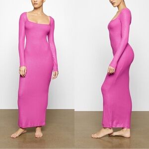 SKIMS Soft Lounge Shimmer Long Sleeve Modal Maxi Dress Fuchsia Foil Pink Small